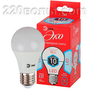 Лампа светодиодная ЭРА ECO LED A60-10W-840-E27 (диод, груша, 10Вт, нейтр, E27)
