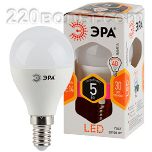 Лампа светодиодная ЭРА LED P45- 5W-827-E14 (диод, шар, 5Вт, тепл, E14)