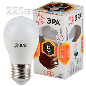 Лампа светодиодная ЭРА LED P45- 5W-827-E27 (диод, шар, 5Вт, тёпл, E27)