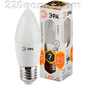 Лампа светодиодная ЭРА LED B35- 7W-827-E27 (диод, свеча, 7Вт, тепл, E27)