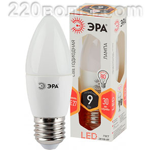 Лампа светодиодная ЭРА LED B35- 9W-827-E27 (диод, свеча, 9Вт, тепл, E27)