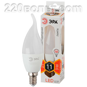 Лампа светодиодная ЭРА LED BXS-11W-827-E14 (диод, свеча на ветру, 11Вт, тепл, E14)