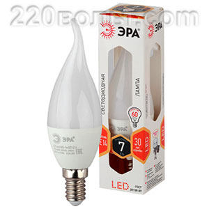 Лампа светодиодная ЭРА LED BXS- 7W-827-E14 (диод, свеча на ветру, 7Вт, тепл, E14)