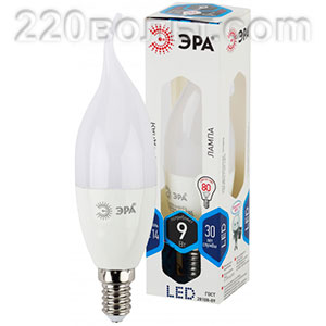 Лампа светодиодная ЭРА LED BXS-9W-840-E14 (диод, свеча на ветру, 9Вт, нейтр, E14