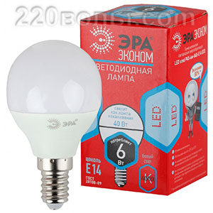 Лампа светодиодная ЭРА ECO LED P45- 6W-840-E14 (диод, шар, 6Вт, нейтр, E14)