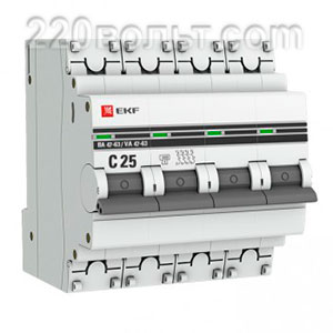 Автоматический выключатель ВА 47-63, 4P 25А (C) 4,5kA EKF PROxima