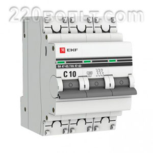 Автоматический выключатель ВА 47-63, 3P 10А (C) 4,5kA EKF PROxima