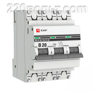 Автоматический выключатель ВА 47-63, 3P 20А (B) 4,5kA EKF PROxima