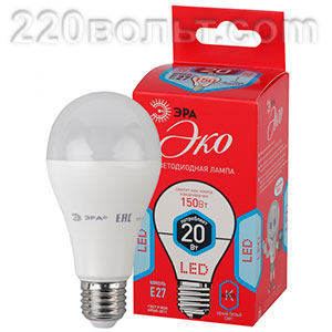 Лампа светодиодная ЭРА ECO LED A65-20W-840-E27 (диод, груша, 20Вт, нейтр, E27)