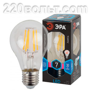 Лампа светодиодная ЭРА F-LED A60-7W-840-E27 (филамент, груша, 7Вт, нейтр., Е27)