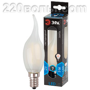 Лампа светодиодная ЭРА F-LED BXS-7W-840-E14 frost (филамент, свеча на ветру мат., 7Вт, нейтр, E14)