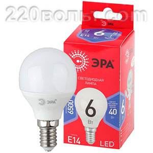Лампа светодиодная ЭРА ECO LED P45- 6W-865-E14 R (диод, шар, 6Вт, хол, E14)