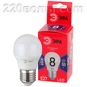 Лампа светодиодная ЭРА ECO LED P45- 8W-865-E27 R (диод, шар, 8Вт, хол, E27)