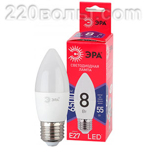 Лампа светодиодная ЭРА ECO LED B35- 8W-865-E27 R (диод, свеча, 8Вт, хол, E27)