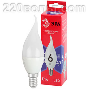 Лампа светодиодная ЭРА ECO LED BXS- 6W-865-E14 R (диод, свеча на ветру, 6Вт, хол, E14)