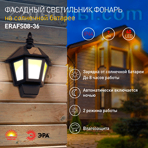 Фасадный светильник Фонарь,2 режима(огонь,холодный свет),на солн. бат.,40LED,7lm ERAFS08-36 ЭРА